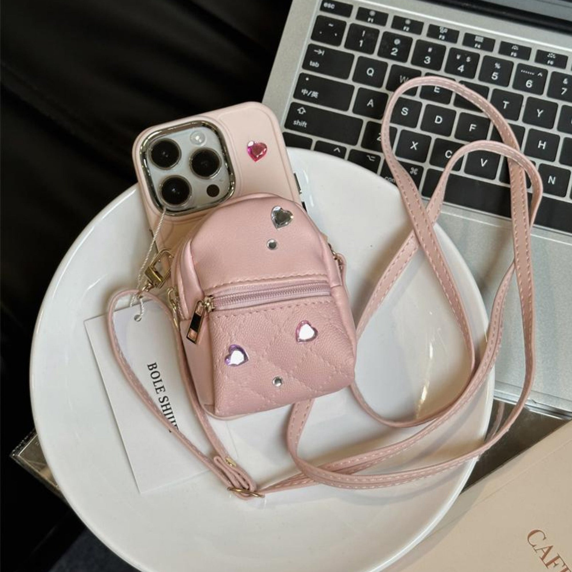 Mini Leather Schoolbag Phone Cover for iPhone 14 Pro Max TPU Back Case with Shoulder Strap Mini Leather Schoolbag Phone Cover for iPhone 14 Pro Max TPU Back Case with Shoulder Strap